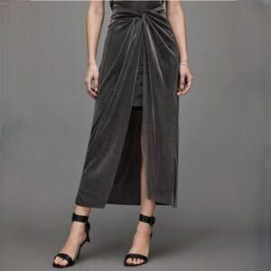 AllSaints Sami Metallic Front-Knot Woven Midi Skirt - Black - Silver - Size 6
